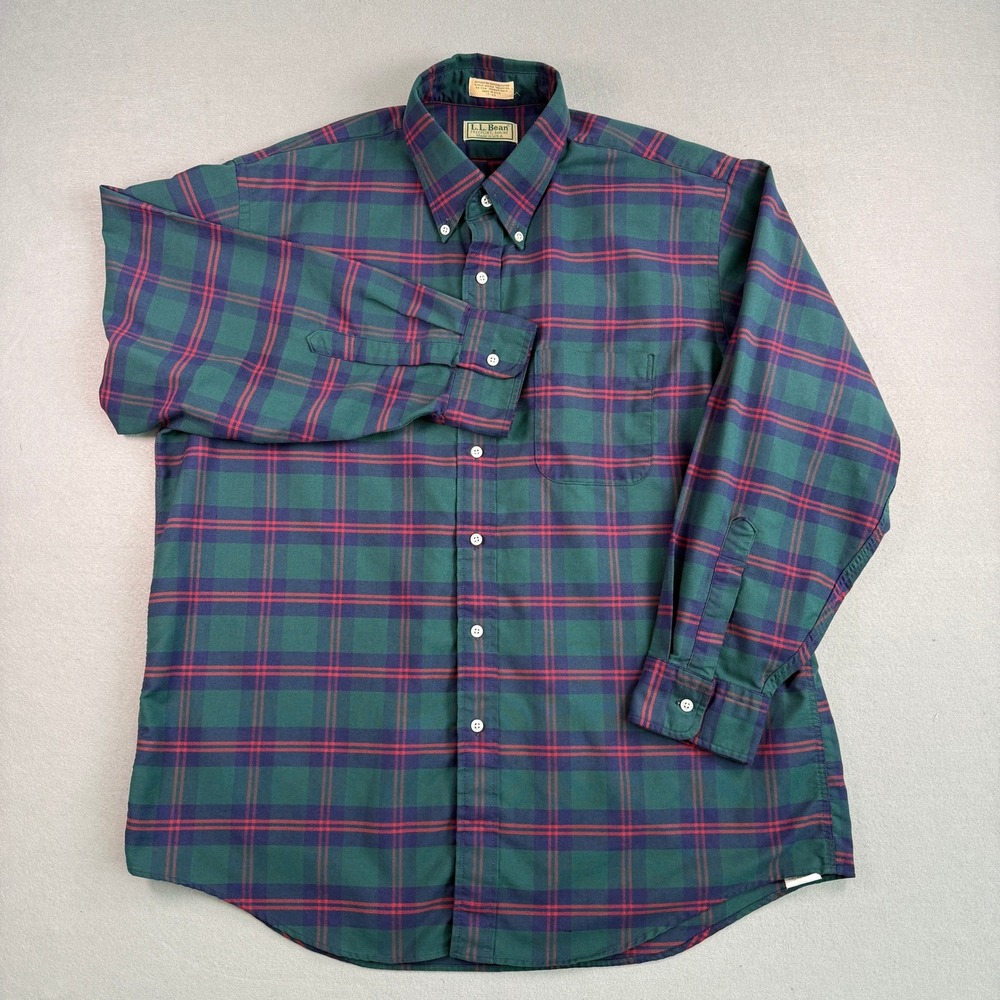 L.L. Bean Button Down Flannel Mens 17-33 Green Plaid Vintage 90s USA Made